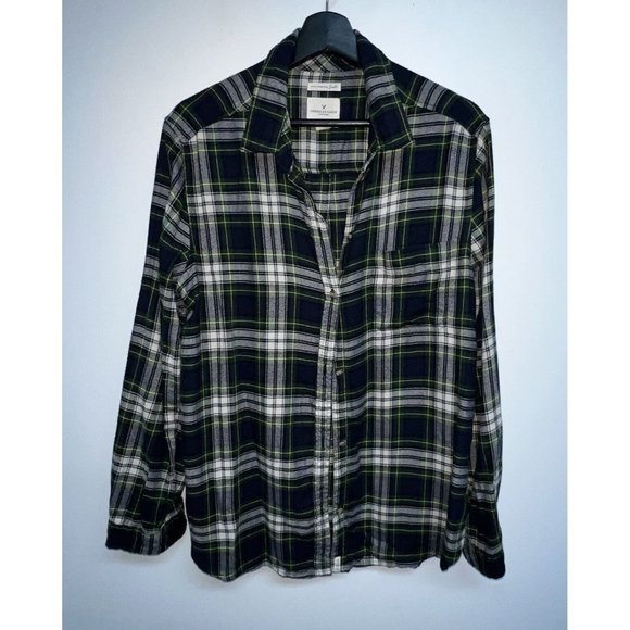 American Eagle Outfitters Tops - American Eagle Womens Boyfriend Fit Flannel Shirt SZ XL Green Navy Yellow Plaid